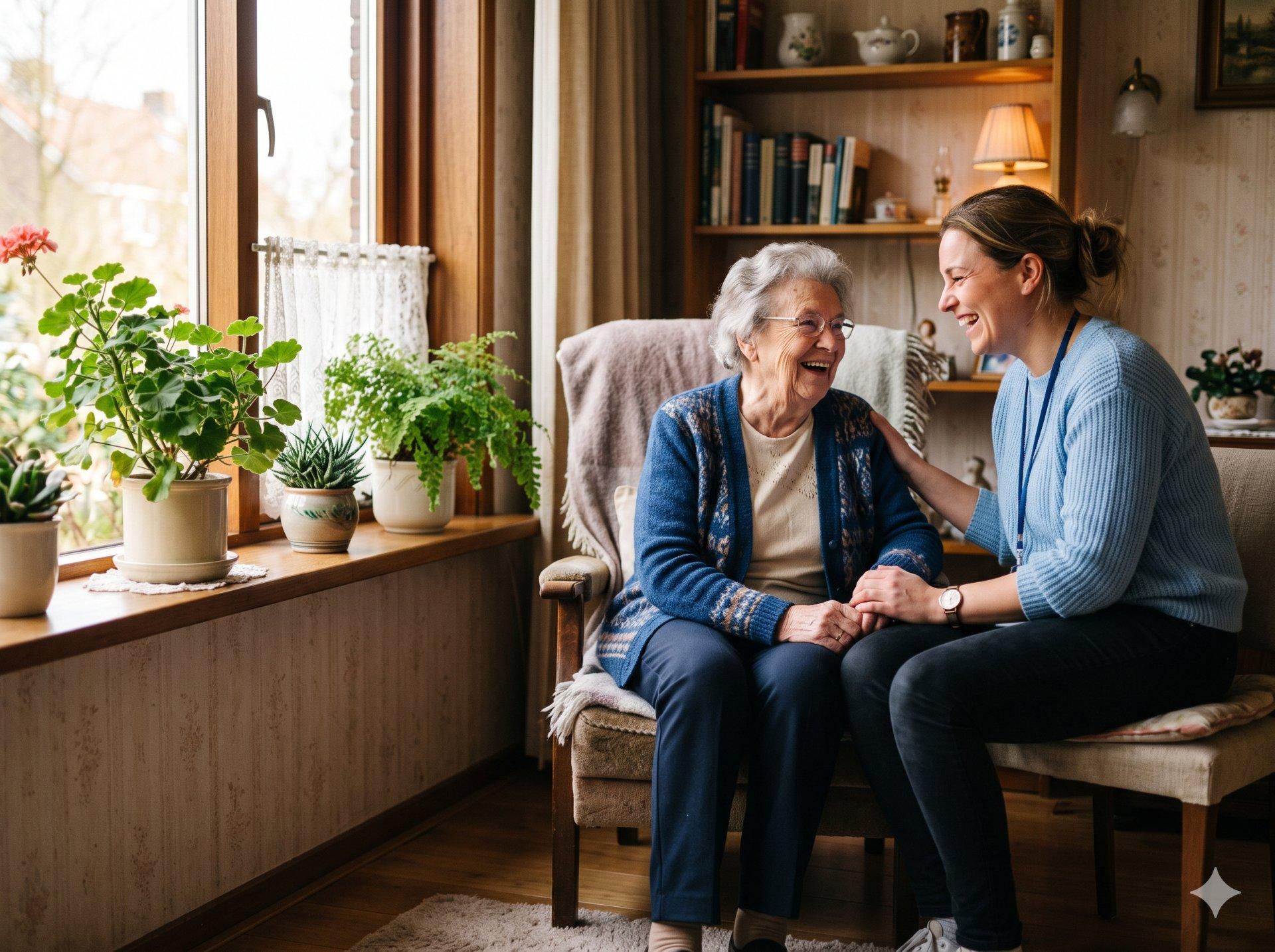Zorgverlener en cliënt in gesprek thuis