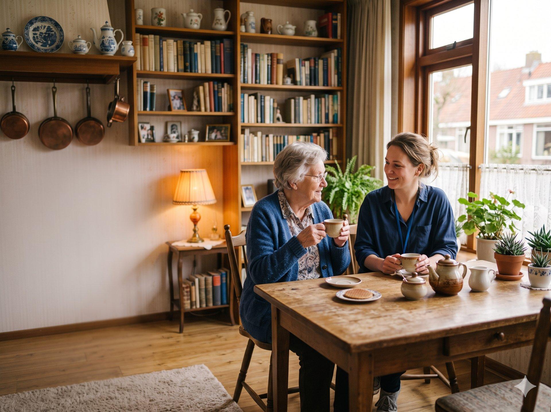 Cliënt en zorgverlener drinken samen thee